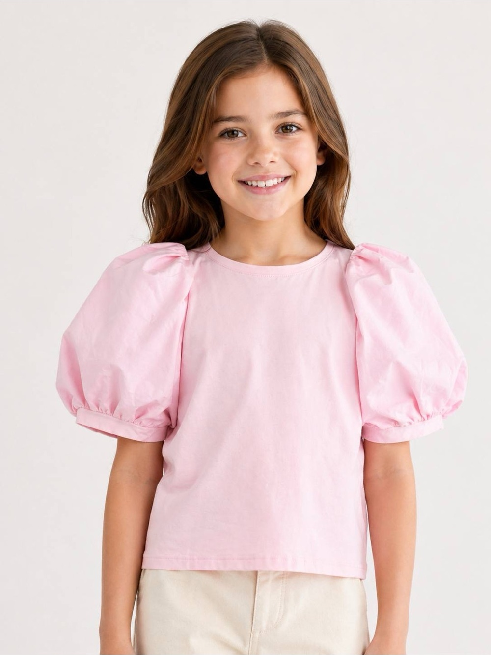 A Loves A Girls Top Pink Puff Sleeve Crew Neck Size M 9-10Y NWT